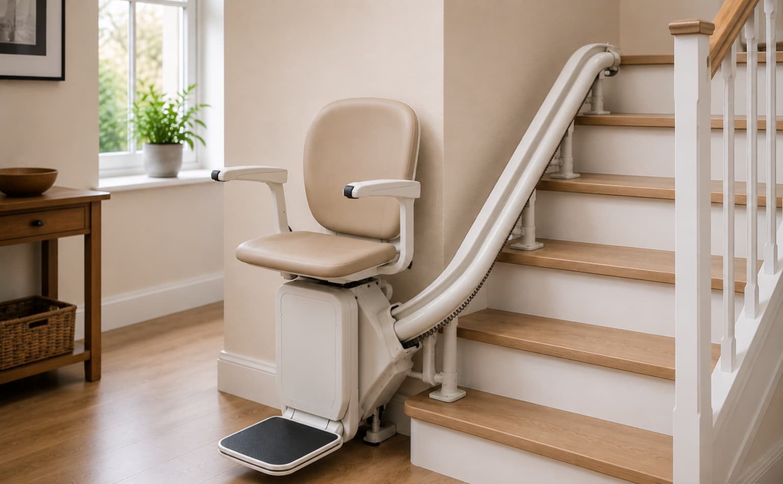 Monte-escalier droit avec siège beige installé dans une résidence privée