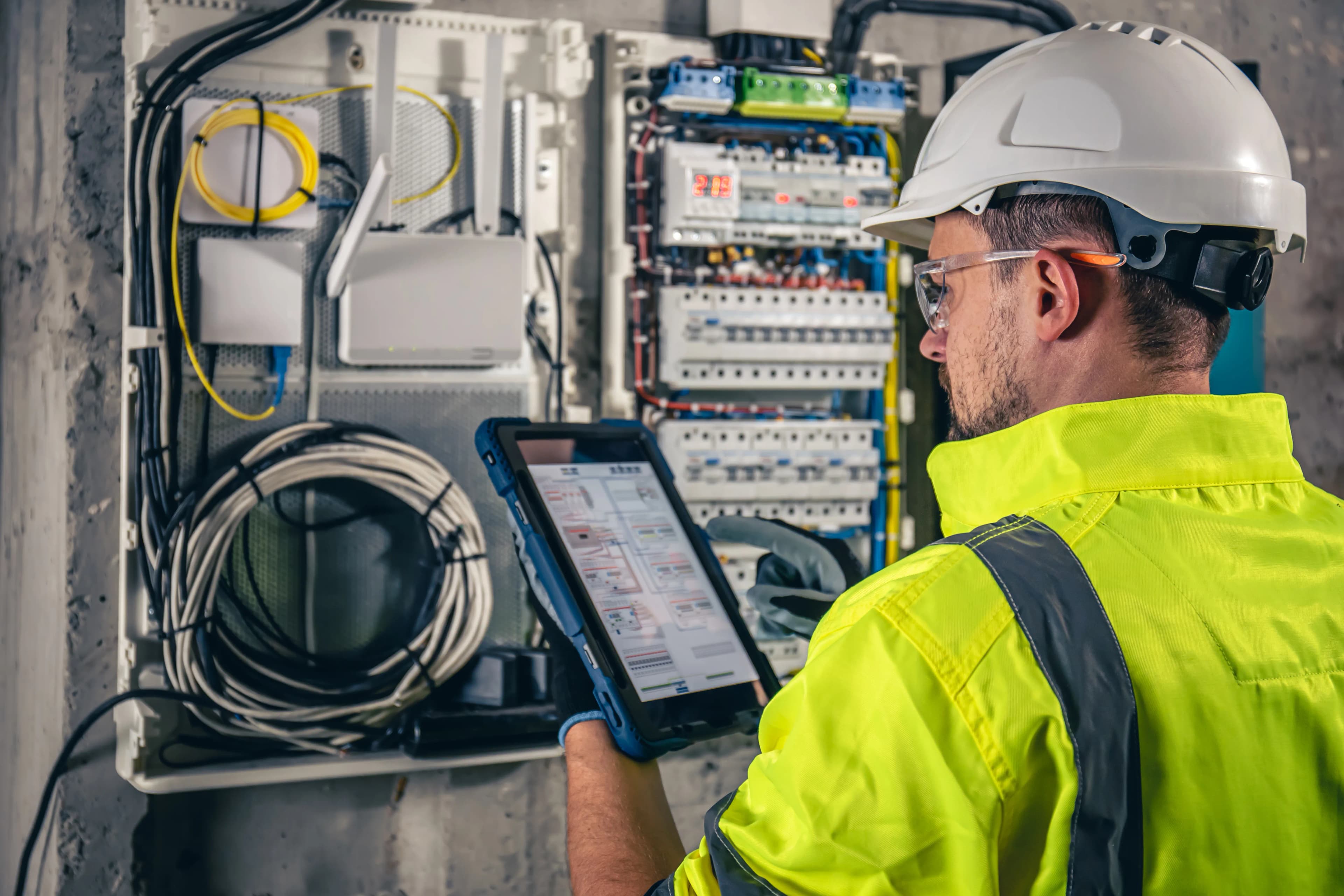 Technicien en équipement de sécurité inspectant un tableau électrique industriel avec une tablette